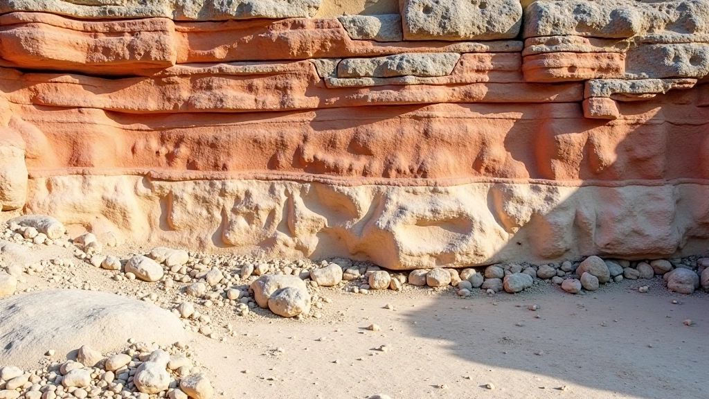 Uolų sluoksniai karjero šienoje su rausvais ir pilkais mineraliniais sluoksniais