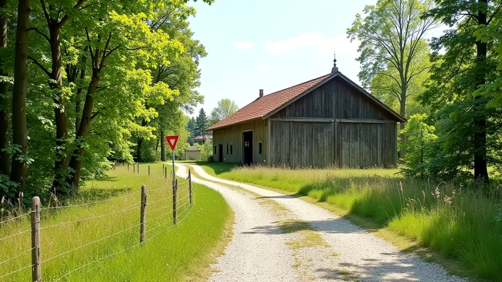 Žygis prasidedantis šalia seno angaro, maži medžiai ir žvyro kelias, saulėta diena